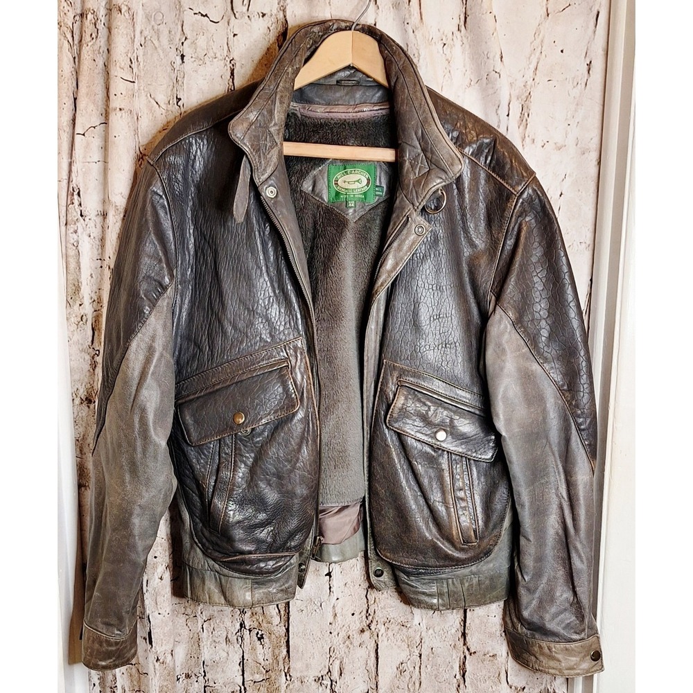 Hill & Archer Genuine Leather Men's Size 44 Bomber style Distressed Brown Coat